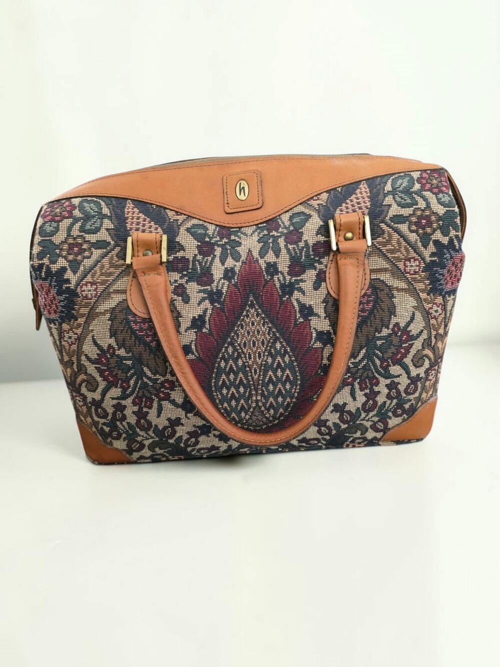 Vintage Hartmann Paisley Flame Tapestry Leather Satchel Handbag Carpet Bag